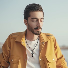 TIKCAUZ Cross Necklace Black Obsidian Cross Talisman Protection Pendant with Adjustable Rope Beaded Cross Necklace for Men Women