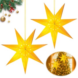 GAROMIA 45 cm Christmas Star Paper Star Illuminated for Hanging 2 Pieces LED Star 7 Pointed Paper Folding Stars Christmas Star Illuminated Christmas Decoration Indoor Star for Christmas Window