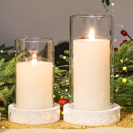 Ronasip Set of 2 Hurricane Candle Holders with Wood Base & Glass Cylinder (4.2x5.9” & 4.6x7.8”) – Rustic Wooden Candle Holders for Home Decor, Weddings, Table Centerpieces