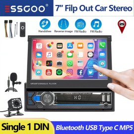 ESSGOO 1 Din 7" Flip Out Car Radio Stereo GPS Sat Navi Bluetooth FM Head Unit USB +CAM