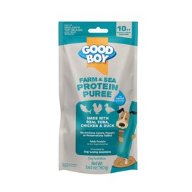 GOOD BOY Farm & Sea Protein Purees Dog Food Mixers for All Adult Dogs, 10 Count, Easy Single-Serve Triple Flavor Topper Treats with Tuna, Chicken and Duck