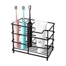 YOLCAR Toothbrush Holder for Bathrooms, 4 Slots Black Stainless Steel Modern Bathroom Organizer with Toothpaste Groove for Modern Home Sanitation Storage and Organizer