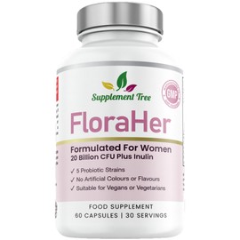 FloraHer Women Probiotics – 20 Billion CFU with Inulin – Saccharomyces Boulardii, Lactobacillus & Bifidobacterium Blend – 60 Vegan Capsules, 30 Servings, UK Made