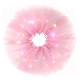 DUEYN Girl's Tutu Skirt with LED Light Layered Ballet Tutu Skirts Mesh Fluffy Princess Dancing Skirt 2-8 Years Old (Light Pink)