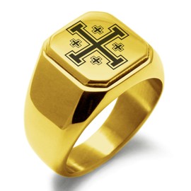Tioneer Gold Plated Stainless Steel Jerusalem Cross Symbol Square Flat Top Signet Biker Rings for Men, Size 10