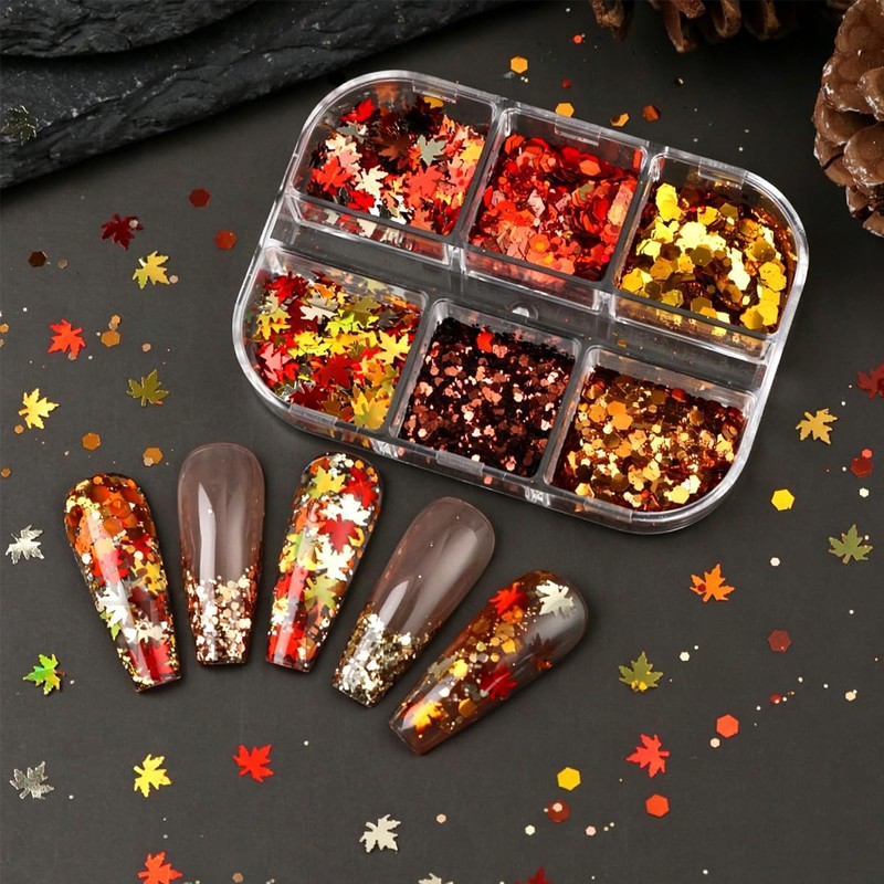2Boxes Fall Maple Leaf Nail Sequins for Women