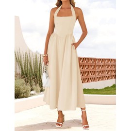 ZESICA Women's Summer Sleeveless Halter Midi Dress 2025 Off Shoulder High Waist Swing Flowy Beach Long Dresses,Apricot,Medium
