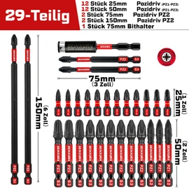 Geinxurn 28-Piece PZ1 PZ2 PZ3 Screwdriver Bit Set 25 mm 50 mm 75 mm 150 mm Length #1#2#3 Pozidriv Impact-Resistant Bit Set, 1/4 Inch Hex Shank S2 Alloy Steel with 1 Piece 60 mm Magnetic Bit Holder
