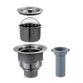 ROVOGO 3-1/2 inch Kitchen Sink Drain Assembly with Removable Deep Strainer Basket, Sealing Stopper Plug and Tailpiece, 304 Stainless Steel Drain Body with Extended Threads for Thicker Sinks, Black