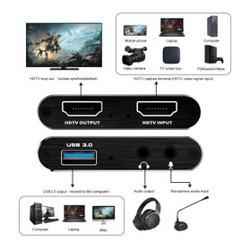 4K Capture Card Game Capture Card 1080P 60FPS for Streaming Capturadora De Video para for Game Recording Live Streaming Broadcasting Supports Microphone Input and 3.5MM Headphone Output