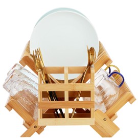 Worthyeah Bamboo Dish Drying Rack, 3-Tier Collapsible Wooden Dish Rack with Utensil Holder, Bamboo Dish Drainer Rack for Kitchen Counter 25pcs