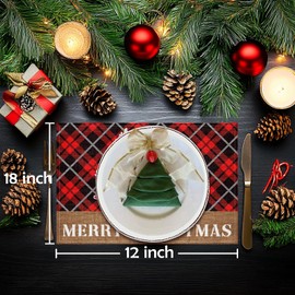 Christmas Placemats Set of 4, Black Red Buffalo Plaid Christmas Trunk Place Mats for Home Kitchen, Winter Rustic Dining Decor, Xmas Party Decorations, 12x18 Inch Seasonal Table Mats