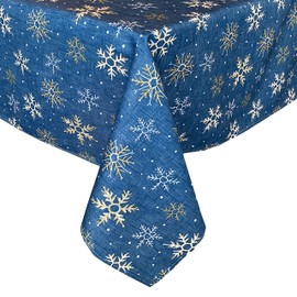 Lintex Blue Farmhouse Snowflake Fabric Christmas Tablecloth - Blue, Gold and White Country Rustic Holiday Tablecloth, 52" x 52" Square