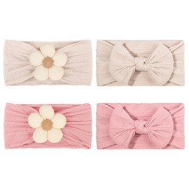 4 Pcs Baby Bow Headbands Flower Baby Girls Headband Nylon Stretchy Soft Hairbands Hair Accessories for Newborn Infant Toddlers Kids Preemie Essentials