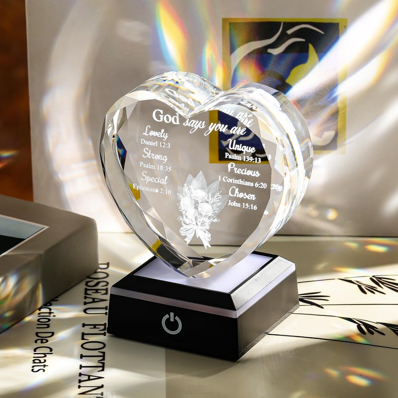 3D Glass Heart Christian Gifts for Women Men Faith Based