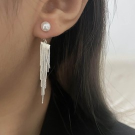 Andelaisi Boho Long Tassel Chain Earrings Silver Sleek Chain Pearl Earrings Vintage Tassel Chain Drop Earrings Bridal Fringe Chain Earrings Jewelry for Wedding Party
