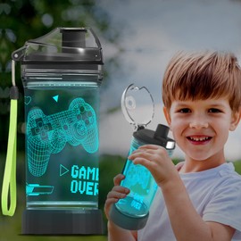 Ammonite Gamepad - Botella de agua para niños, botellas de agua de 14 onzas con luz LED brillante 3D y cambio de 7 colores, taza de agua reutilizable sin BPA con cordón, fácil de limpiar para decoración de juegos, amantes de los jugadores, deportes