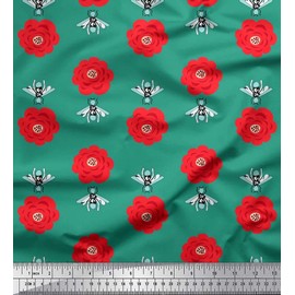 Soimoi Cotton Canvas Fabric Floral & Bee Insects Printed Fabric 1 metre 56 Inch Wide