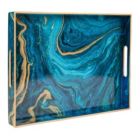 MAONAME Plastic Decorative Tray, Marbling Tray with Handles, Rectangular Coffee Table Trays, Blue Serving Trays for Ottoman, Bathroom, 15.7” x 11.8”