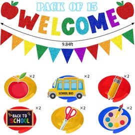 MARFOREVER Glitter Back to School Decorations, Welcome Banner First Day of School Banner Back to School Hanging Swirl Decoration Teacher Classroom Kindergarten Preschool Party Supplies Decor