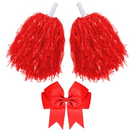 Hotop 3 Pcs 10 in Cheerleading Pom Poms and Large Cheerleader Hair Bow for Girl Cheer Pompoms Cheerleading Accessories for Sport Events Dance Party Basketball Football Team (Red,Classic)