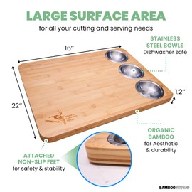 Bamboo Voyage Extra Large Sustainable Bamboo Cutting Board for kitchen with 3 built in stainless steel bowls, Large surface area (16’’ x 22’’) Ideal Gift for Housewarming, Christmas and Birthdays.