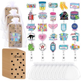 Liliaafar 25 Sets Funny Badge Reel Nurse Cute Retractable Name ID Clip with Cards and Organza Bags Acrylic Badge Holder for Doctor Medical Assistant Men Women Office Lanyard Supplies Bulk Gifts