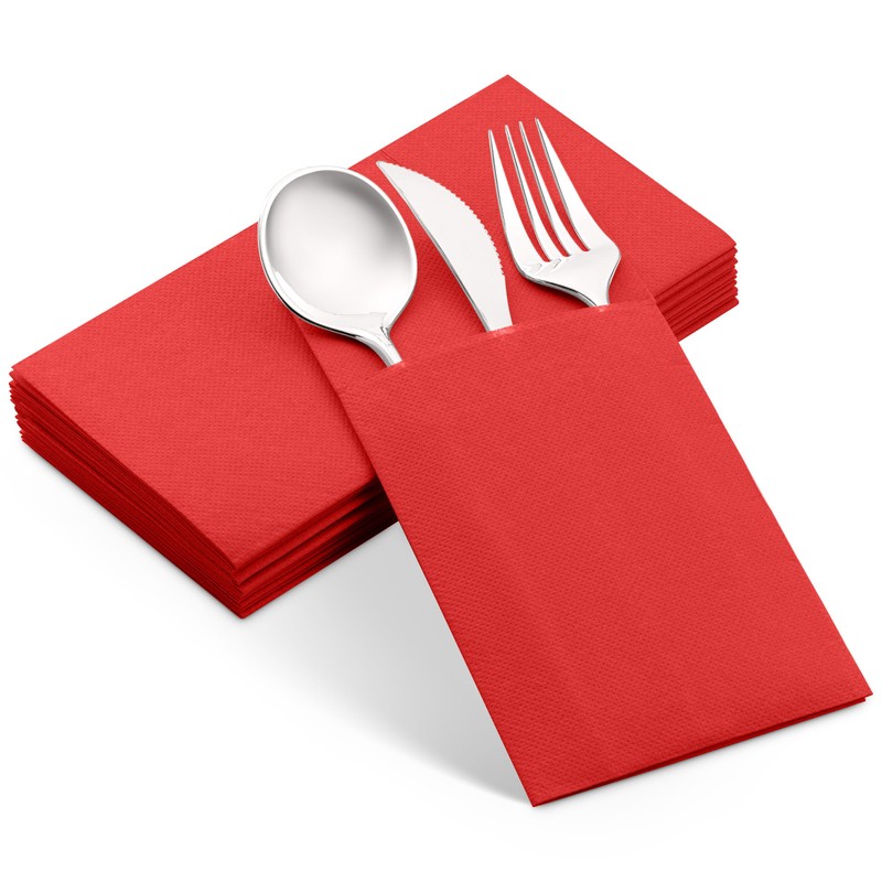 100-Pack Disposable Napkins With Pocket For Flatware, Red Napkins Paper