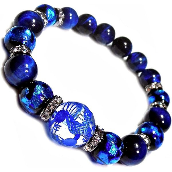 Good luck and health luck Ryukyu firefly blue powerful 0.6 inch (16 mm) ball blue carving five claw dragon crystal lapis tiger eye men's power stone bracelet natural stone beads business prosperous
