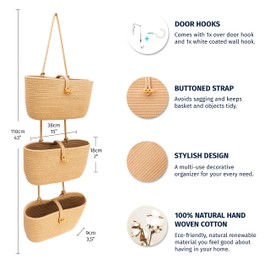OrganiHaus Over the Door Hanging Basket for Organizing, 3-Tier Hanging Wall Basket for Storage, Boho Nursery Decor for Wall, Behind Door Wall Storage, Wall Organizer for Office, Wall Toy Storage Honey