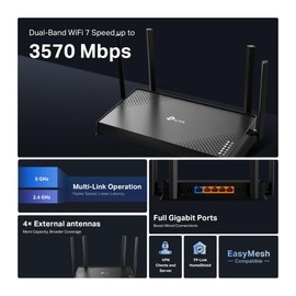 TP-Link BE3600 Dual-Band Wi-Fi 7 Router, Wireless & Wired, up to 3.6Gbps, Gigabit Ports, MLO, Gaming & Streaming, EasyMesh Compatible, Easy Setpup, HomeShield Security, VPN Supports(Archer BE220)