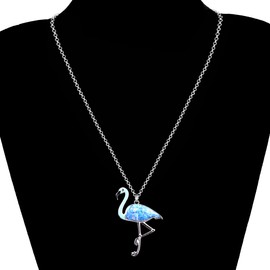DOWAY Floral Flamingo Necklace for Women Girls, Red Bird Pendant Jewelry Gift with Floral Enamel (Blue)