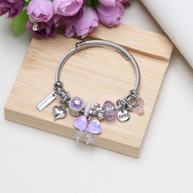 DS Charm Bracelets for girls,exquisite cute cartoon friendship bracelets Stainless Steel Bangle with birthday Gift box, Adjustable girls jewelry Suitable for holiday gifts (Silver-purple butterfly 3)