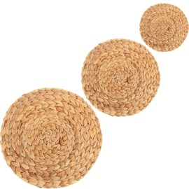 ieron Round Placemats - Set of 3 Water Hyacinth Weave Placemats and Coasters Round Handmade Natural Grass Woven Place Mats Heat Resistant Kitchen Dining Table Accessories 11cm-18cm-25cm