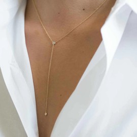 Tewiky Long Gold Necklaces, Dainty Lariat Necklace 14k Gold Plated Diamond Y Necklace Simple Gold Drop Necklace Aesthetic Trendy Prom Jewelry Gifts for Womens