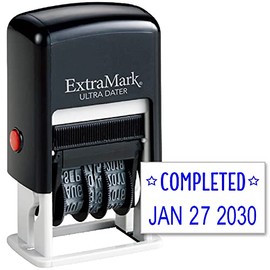 ExtraMark Ultra Dater Self-Inking Rubber Date Office Stamp with Completed Phrase & Date - Blue Ink, 12-Year Band