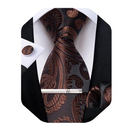 DiBanGu Silk Paisley Ties for Men Woven Necktie and Pocket Square Tie Clip Cufflinks Set Party Wedding Tie with Gift Box, Brown