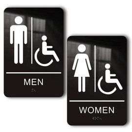Men & Women Bathroom Restroom Sign - ADA Compliant Braille Design for Business, with Graphical Symbols & Strong Adhesive (Easy Installation, 9x6 Inches, Handicap Set)