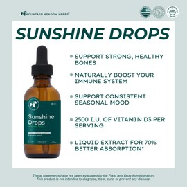 Mountain Meadow Herbs Sunshine Drops | Vegan Vitamin D3 Booster for Healthy Bones & Teeth | Ideal Winter Supplement | Tincture 2oz