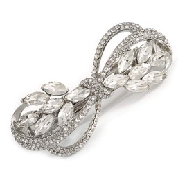 Bridal Wedding Prom Silver Tone Diamante Bow Barrette Hair Clip Grip - 85mm Across
