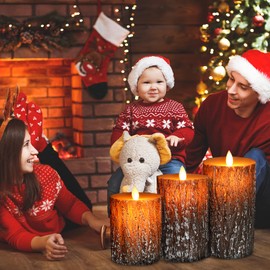 JOSU LED Flameless Candles Pine Bark Effect, Battery Operated Candles with Remote Control, LED Fake Candles, 4" 5" 6" Pack of 3, for Wedding Decor, Table Decor, Home Decoration Gifts (Pine Bark)