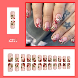 Vezocim Flower Artificial Glossy Fake Nails Sets, Press on Nails Coffin Short Length, Acrylic Fingernails Square False Nails with Floral Designs, Full Cover False Nails Glue on Nails with Charm