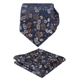 Alizeal Mens 3.15inches Flower Patterned Tie with Floral Printed Pocket Square, Navy+Brown+White