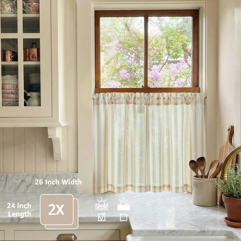 jinchan Striped Linen Kitchen Curtains 24 Inch Cafe Tier Curtains