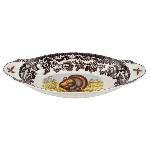 Spode Woodland 15.25" Bread Tray with Turkey Motif | Turkey Serving Platter for Thanksgiving, Dinner Parties, and Events | Made from Fine Porcelain | Microwave and Dishwasher Safe
