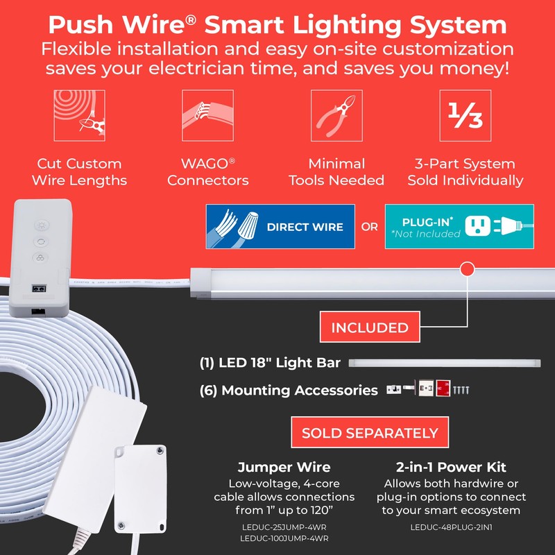 PureOptics LED Professional Push Wire® Under Cabinet Light Bar, Add-on,