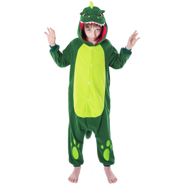 Spooktacular Creations Unisex Child Dinosaur jumpsuit Pajama Plush Dinosaur Costume Cute Halloween Costume for Dress Up Party Role Playing Themed Parties (8-10yr) Green