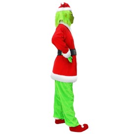 Green Big Monster Costume for Adult 7PCS Christmas Furry Jumpsuit Pajama with Mask Santa Claus Cosplay (Adult Thin, L)