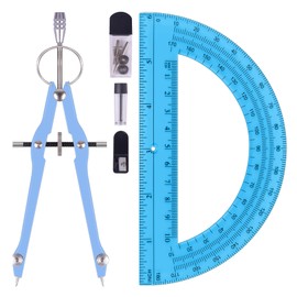 Unjoo Compass and Protractor Set, Professional Drawing Compass Tool, Metal Compass with Extra Refills, Compass for Geometry and 6 Inch Math Protractors 180 Degree (Blue)