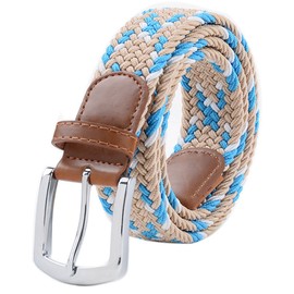 VONSELY Stretch Belt, Elastic Belts Braided Fabric Belt Colorful Woven Belts for Men and Women, Blue-Beige Color